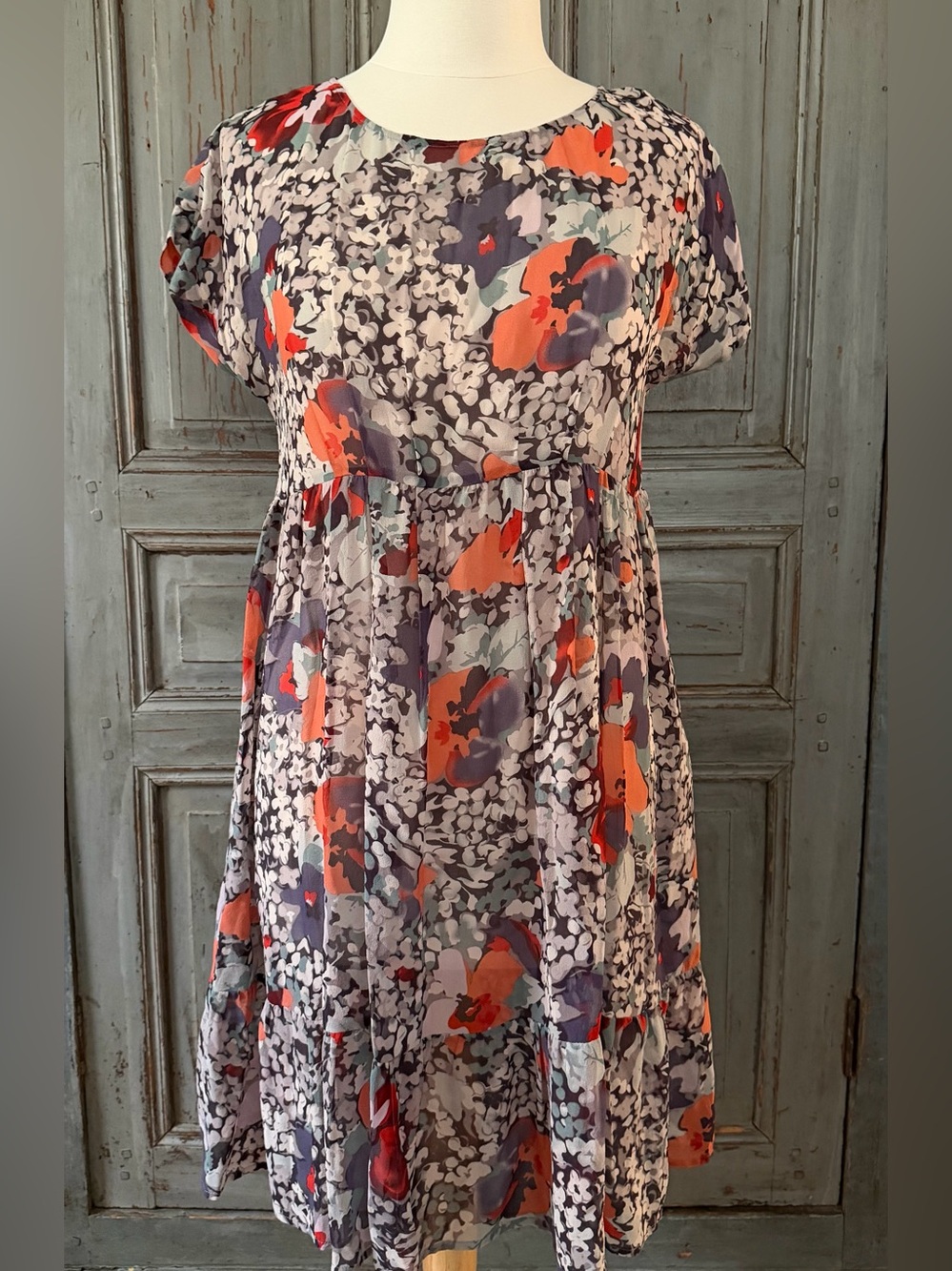 Comptoir des Cotonniers Floral Print Short Sleeve Tiered Dress silk medium